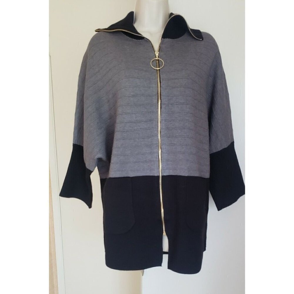NWT ROMIMONA WOMEN'S BLACK GREY ZIPPER CLOSURE SWEATER TOP CARDIGAN SMALL - Picture 2 of 10